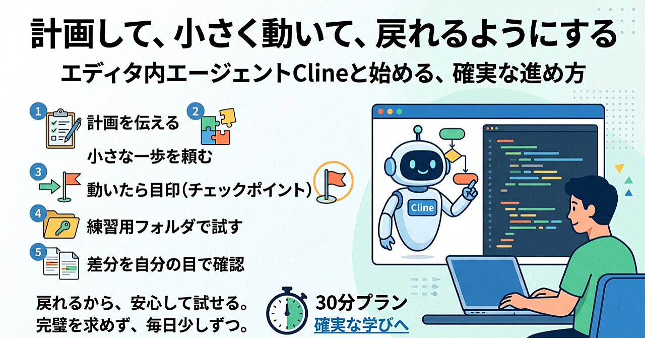 Clineで始めるエディタ内エージェント:計画して・小さく動いて・戻れるようにするワンポイントのアイキャッチ画像