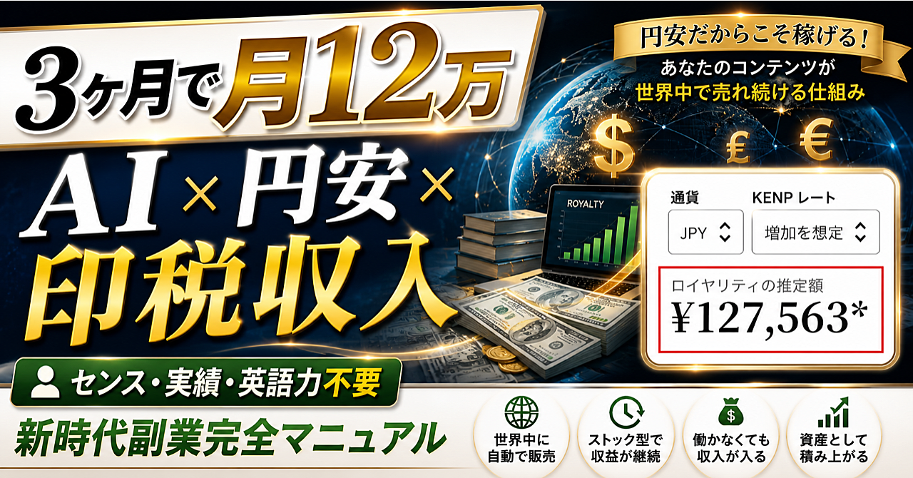 【3ヶ月で月12万】AI×円安×印税収入｜センス・実績・英語力不要で稼ぐ新時代副業完全マニュアル