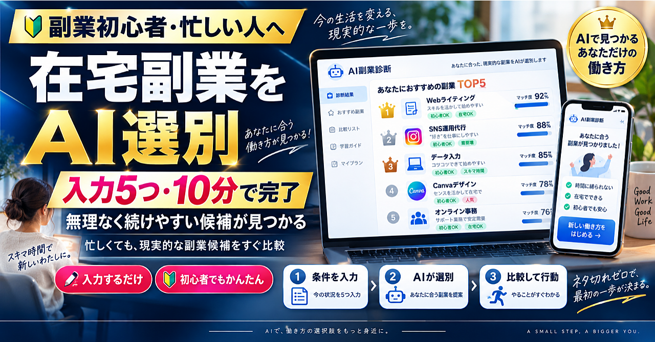 【入力5つ・10分で完了】忙しいあなたのための「絶対に無理しない」在宅副業AI選別プロンプトのアイキャッチ画像