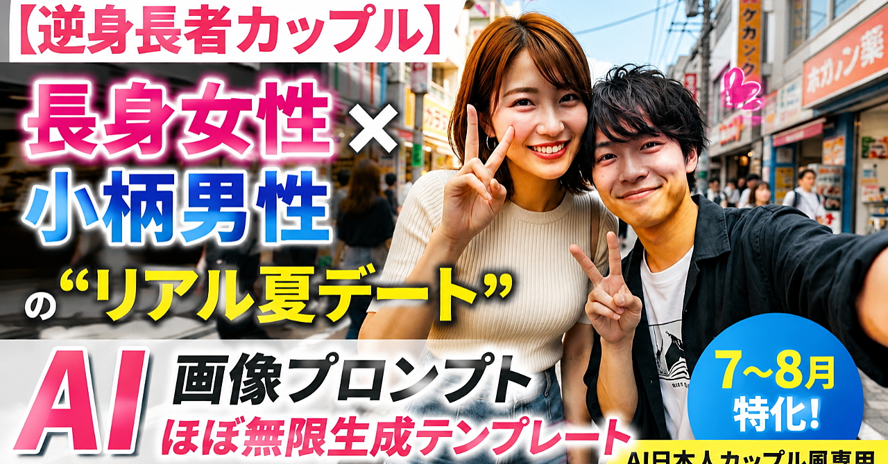 【逆身長者カップル】長身女性×小柄男性の“リアル夏デート”AI画像プロンプトほぼ無限生成テンプレート（7〜8月特化・AI日本人カップル風専用）