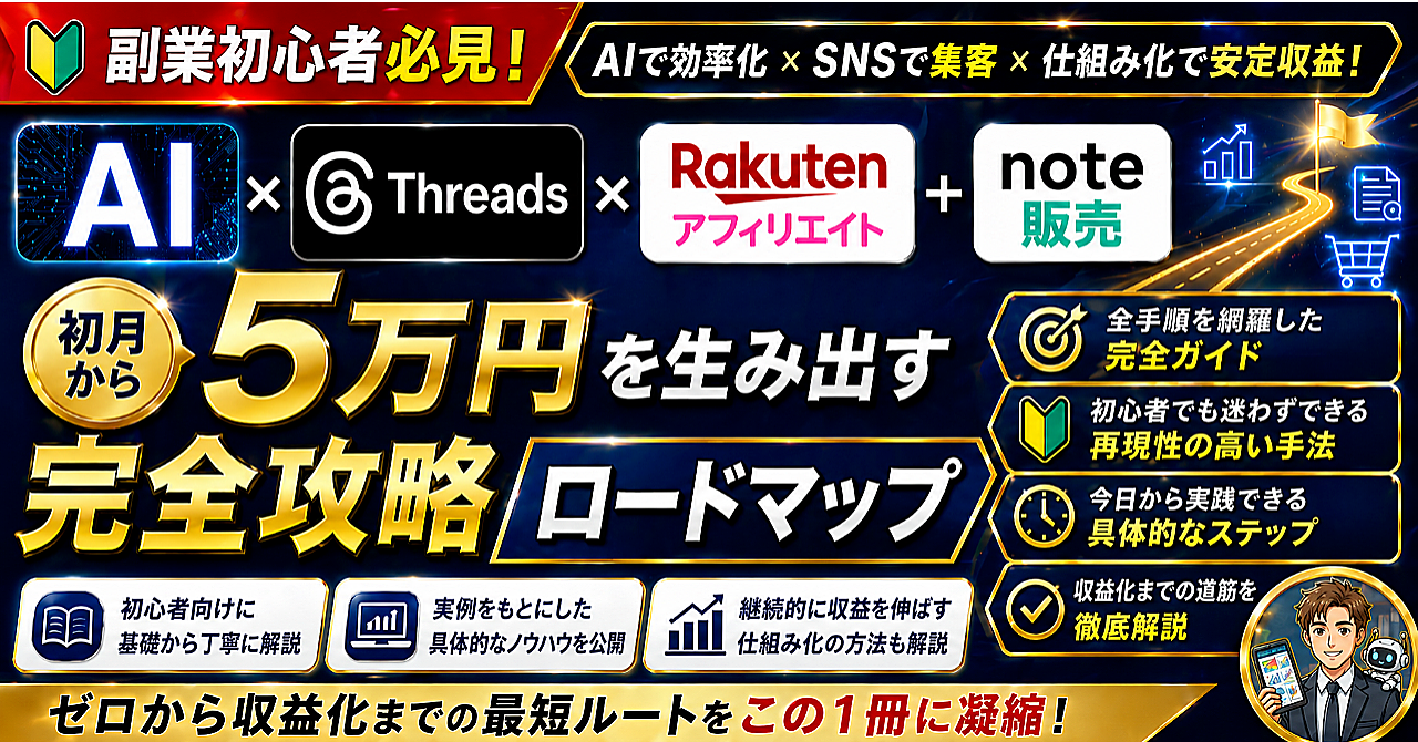 【副業初心者必見】AI × Threads × 楽天アフィリエイト＋note販売で初月から成果を生み出す完全攻略ロードマップ