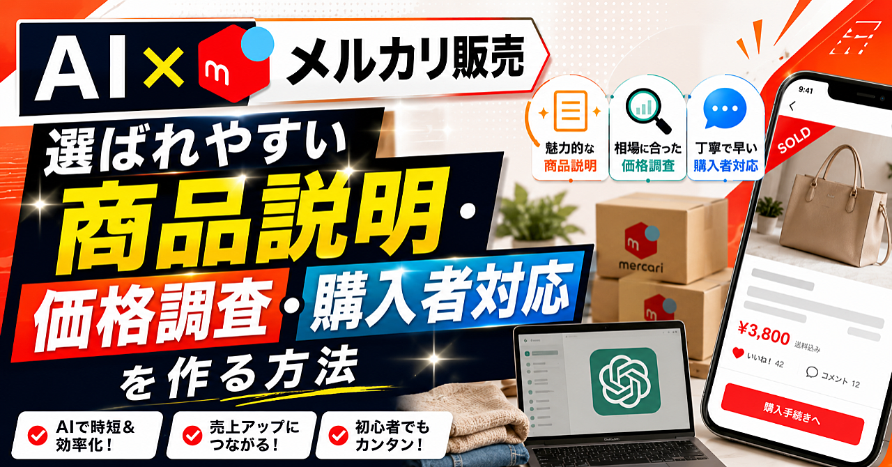 【AI✖️メルカリ販売】選ばれやすい商品説明・価格調査・購入者対応を作る方法のアイキャッチ画像