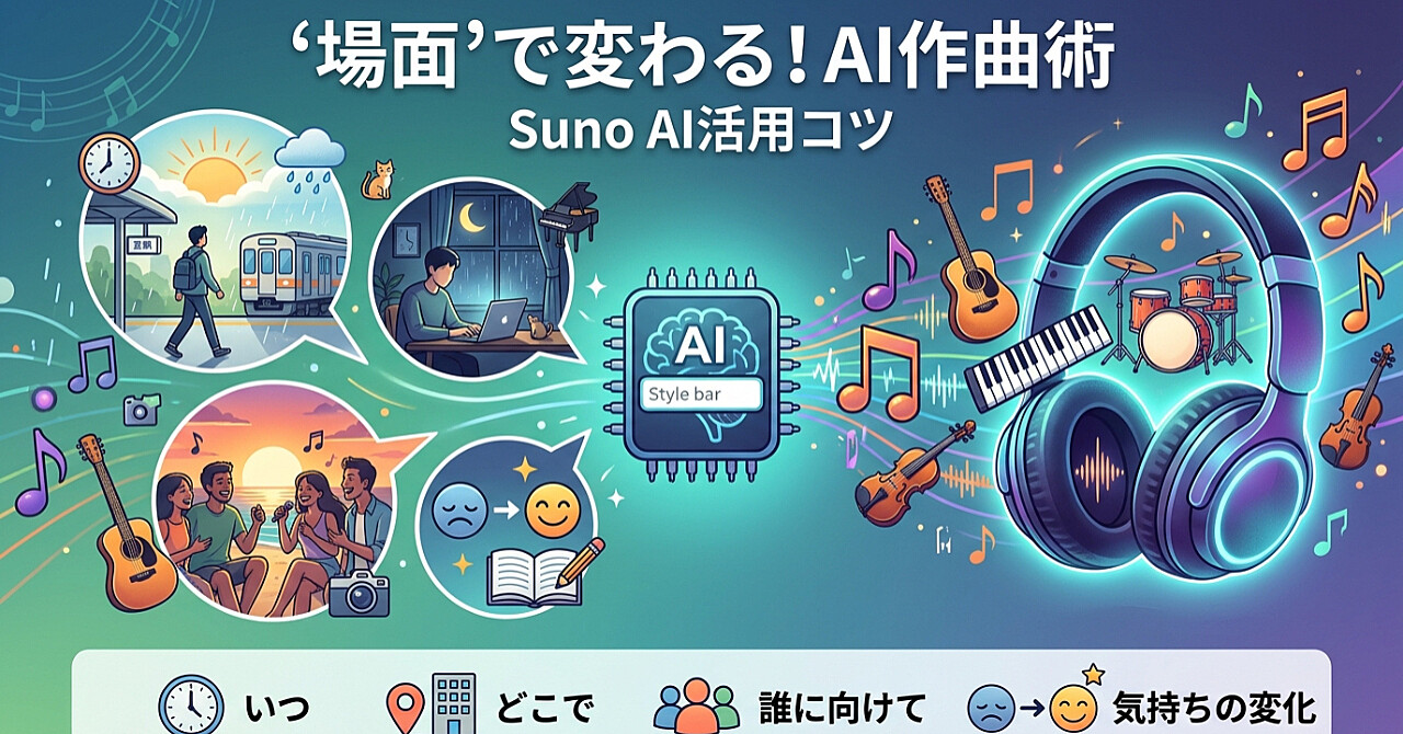 Sunoで「ジャンル名」だけでは曲にならない理由 ― Style欄に“場面”を書くという、たった一つのワンポイントのアイキャッチ画像