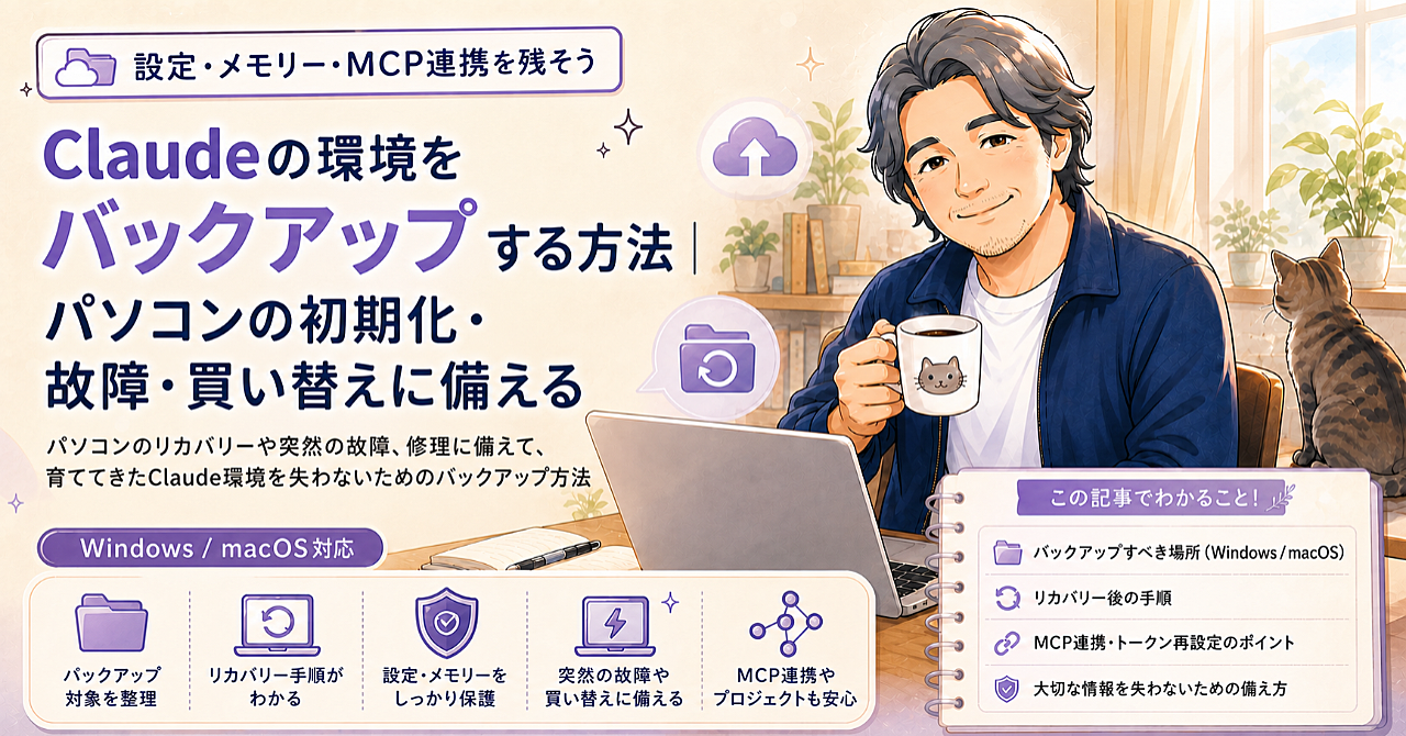 Claudeの環境をバックアップする方法|パソコンの初期化・故障・買い替えに備えるのアイキャッチ画像