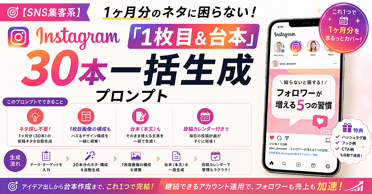 【SNS集客系プロンプト】1ヶ月分のネタに困らない！Instagram「1枚目＆台本」30本一括生成＋神業