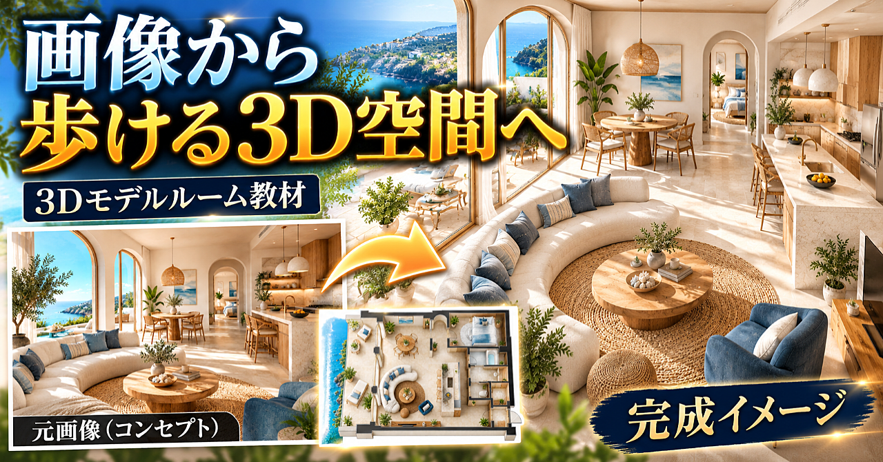 画像から、歩ける部屋へ。AIで作る3Dモデルルーム制作キット【カラーPDF・練習ZIP・プロンプト付き】のアイキャッチ画像