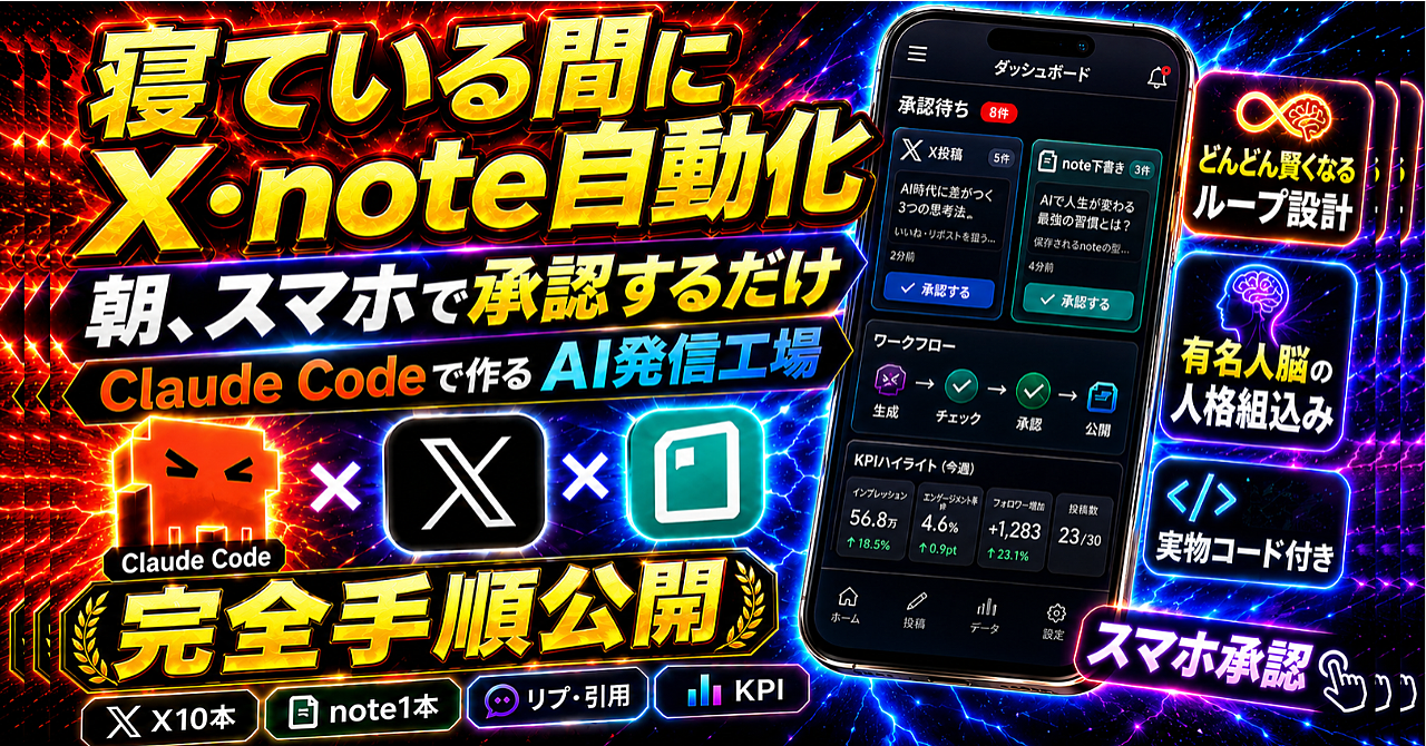 寝ている間に毎日X10本+note1本。朝はスマホで承認するだけ!Claude Codeで作る「勝手に賢くなるAI発信工場」完全手順公開のアイキャッチ画像