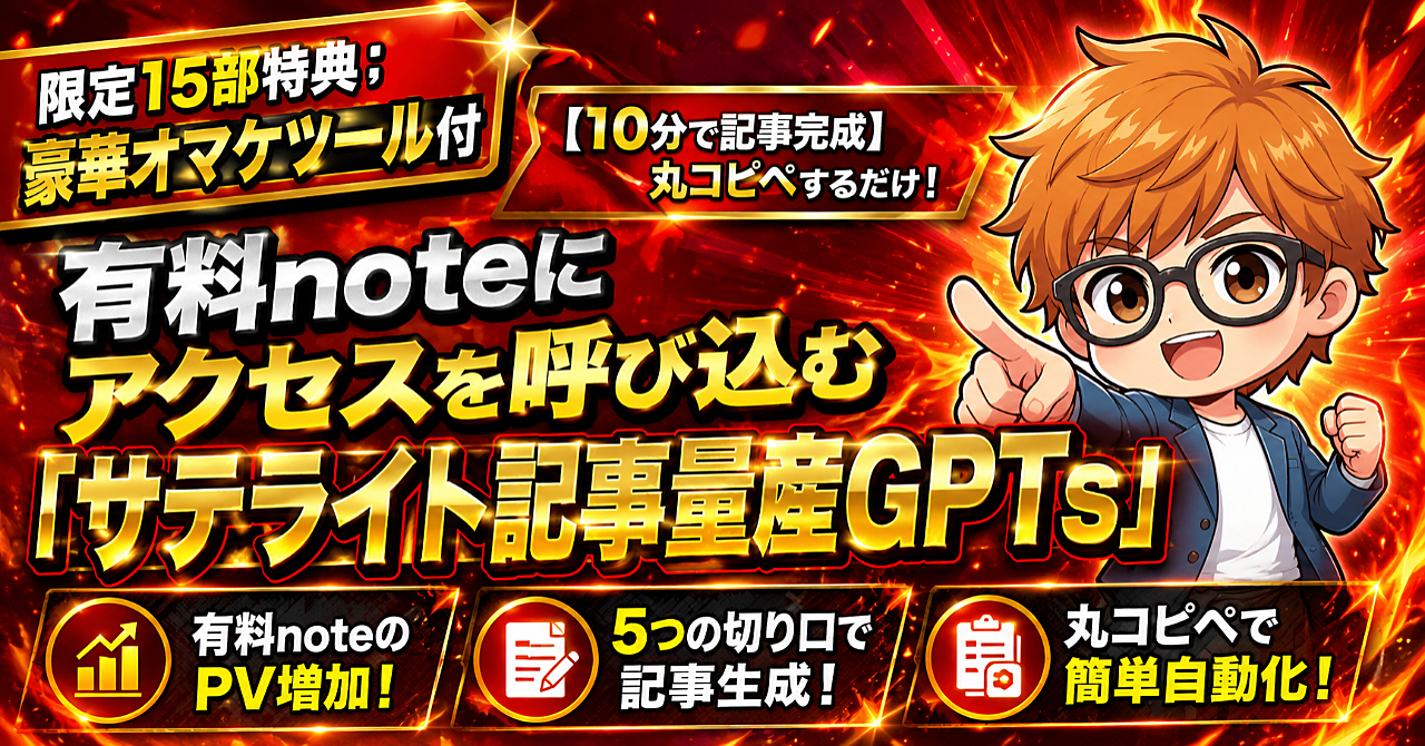 先着15名特典付き！【10分で記事完成】有料noteコピペでOK！アクセスを呼び込む「サテライト記事量産GPTs」