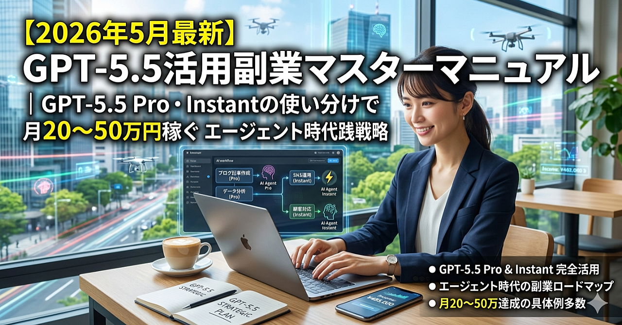 【2026年5月最新】GPT-5.5活用副業マスターマニュアル|GPT-5.5 Pro・Instantの使い分けで月20〜50万円稼ぐエージェント時代の実践戦略のアイキャッチ画像