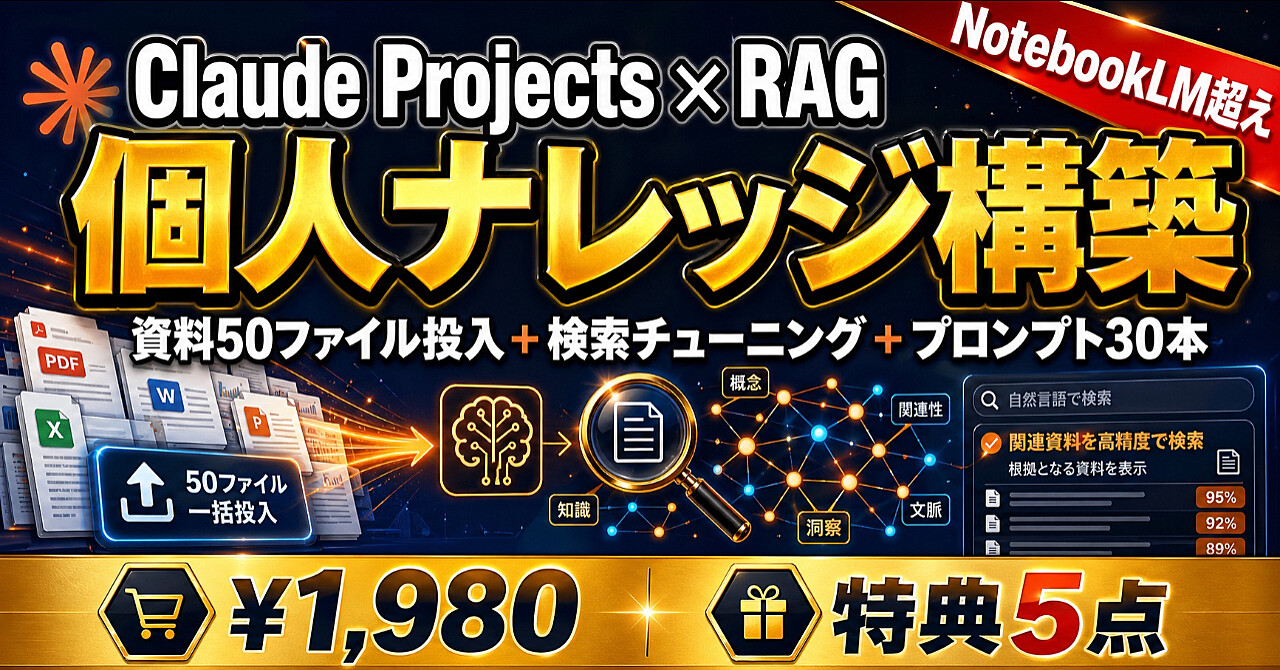 【知識ゼロから個人RAG構築】Claude Projects × ナレッジRAG 完全実装書——資料50ファイル投入から検索チューニングまでのフロー＋プロンプト30本
