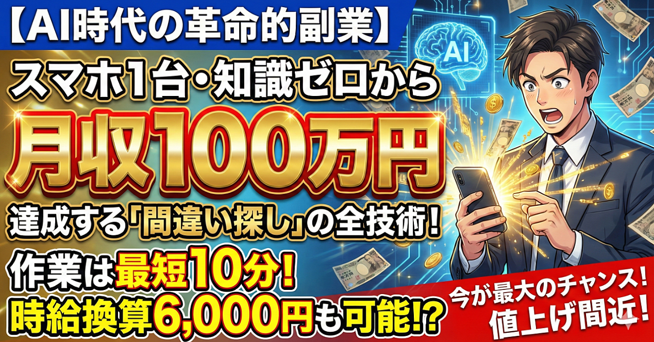 【AI時代の最強副業】スマホ1台・知識ゼロから月収100万円を達成する「間違い探し」の全技術

