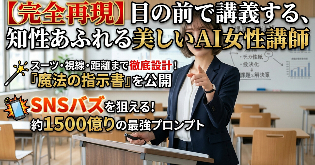 目の前で講義している知的なAI美人女性講師を完全再現｜スーツ×視線×距離感まで設計された魔法の指示文を公開＋SNSバズ目指せるプロンプト約1,500億通り