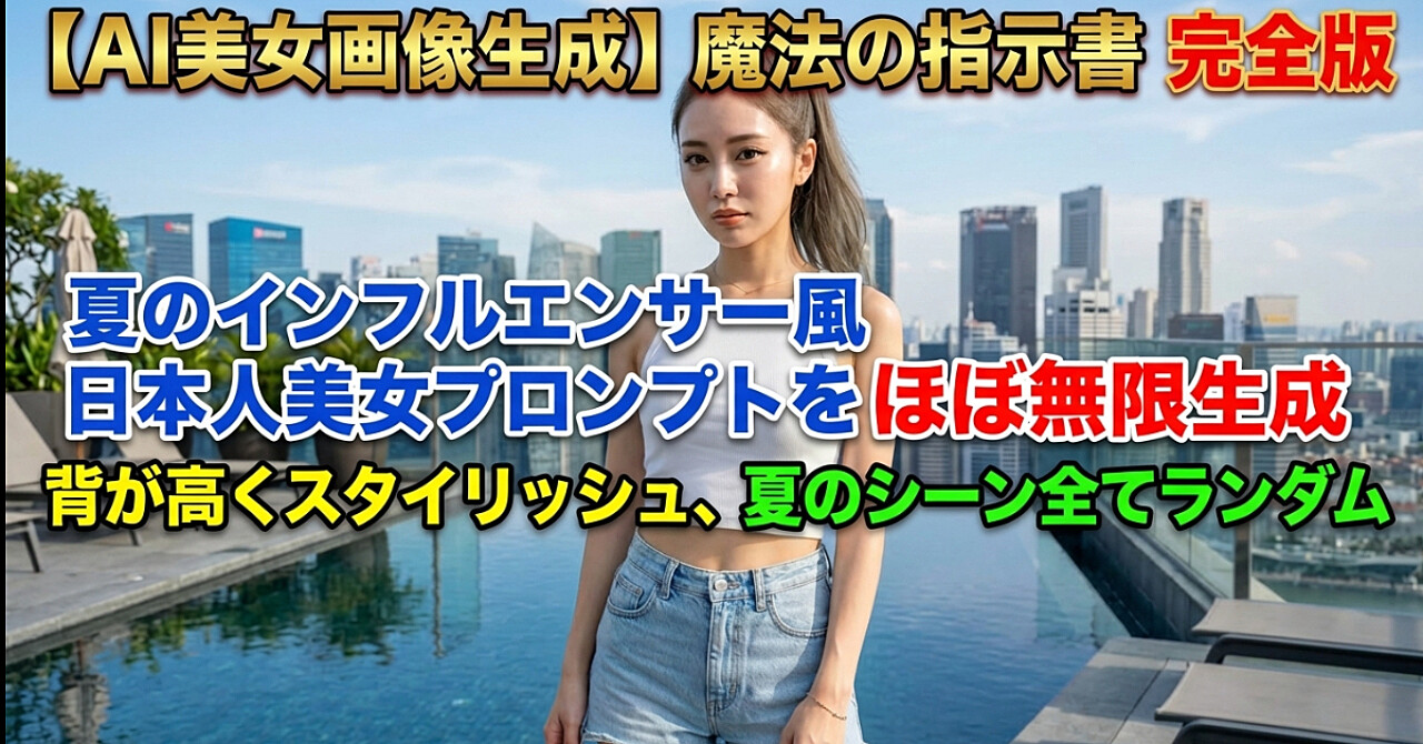 【AI美女画像生成】夏のインフルエンサー風日本人美女プロンプトをほぼ無限生成できる魔法の指示文完全版｜高身長スタイル抜群・夏シーン30種すべてランダム