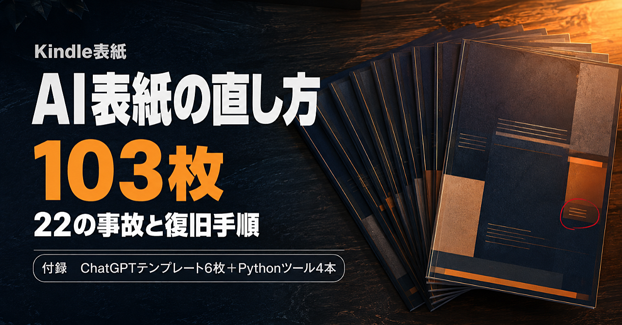 AI表紙の直し方 ── Kindleの表紙を103枚作って残った、22の事故と復旧手順（ChatGPTテンプレート6枚＋Pythonツール4本つき）のアイキャッチ画像
