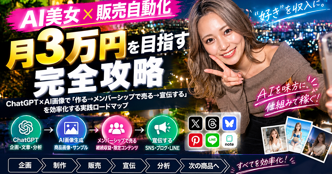 【AI美女×販売自動化】月3万円を目指す完全攻略|ChatGPT×AI画像で「作る→メンバーシップで売る→宣伝する」を効率化する実践ロードマップのアイキャッチ画像
