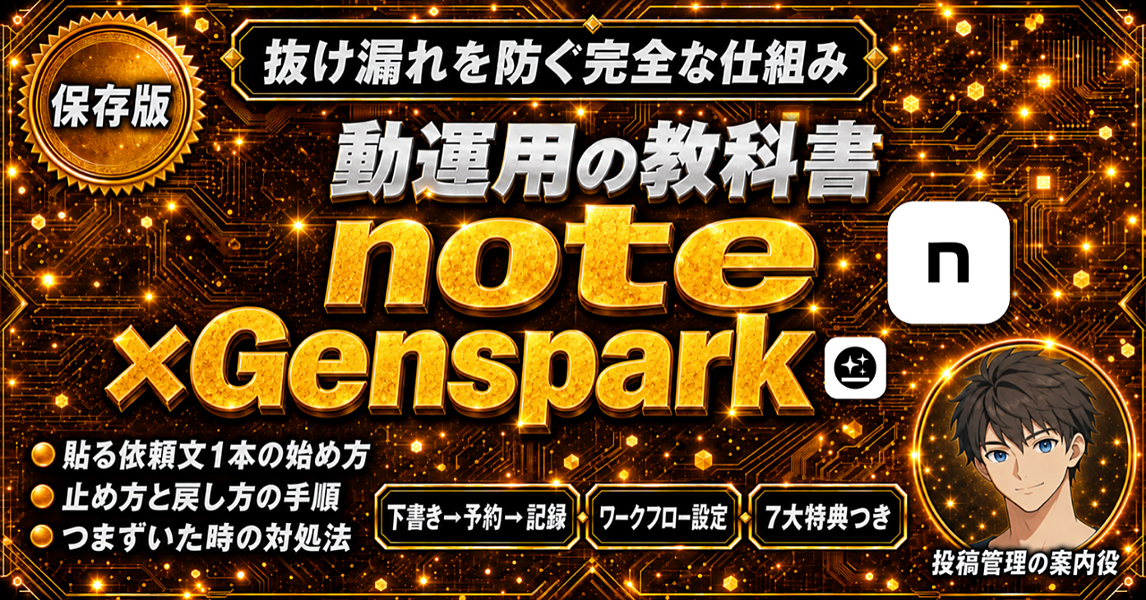 noteの投稿を続けたい人のための【Gensparkでのnote自動運用の教科書】 | 投稿の抜け漏れを防ぐ仕組みを作る完全ロードマップのアイキャッチ画像