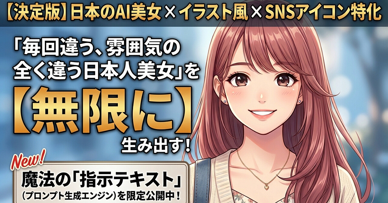 日本人AI美女 × イラスト風 × SNSアイコン特化
“毎回まったく違う雰囲気の日本人美女”がほぼ無限に作れる
完全新作：魔法の指示文（プロンプト生成エンジン）を特別公開します