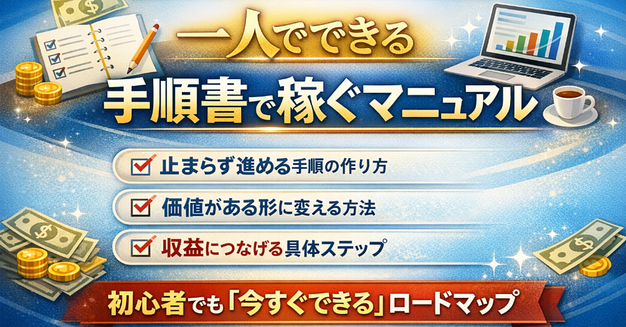 もう迷わない副業の進め方｜一人でも形になる完全手順書
 何をすればいいか悩まず、順番通り進めるだけで副業が形になる設計