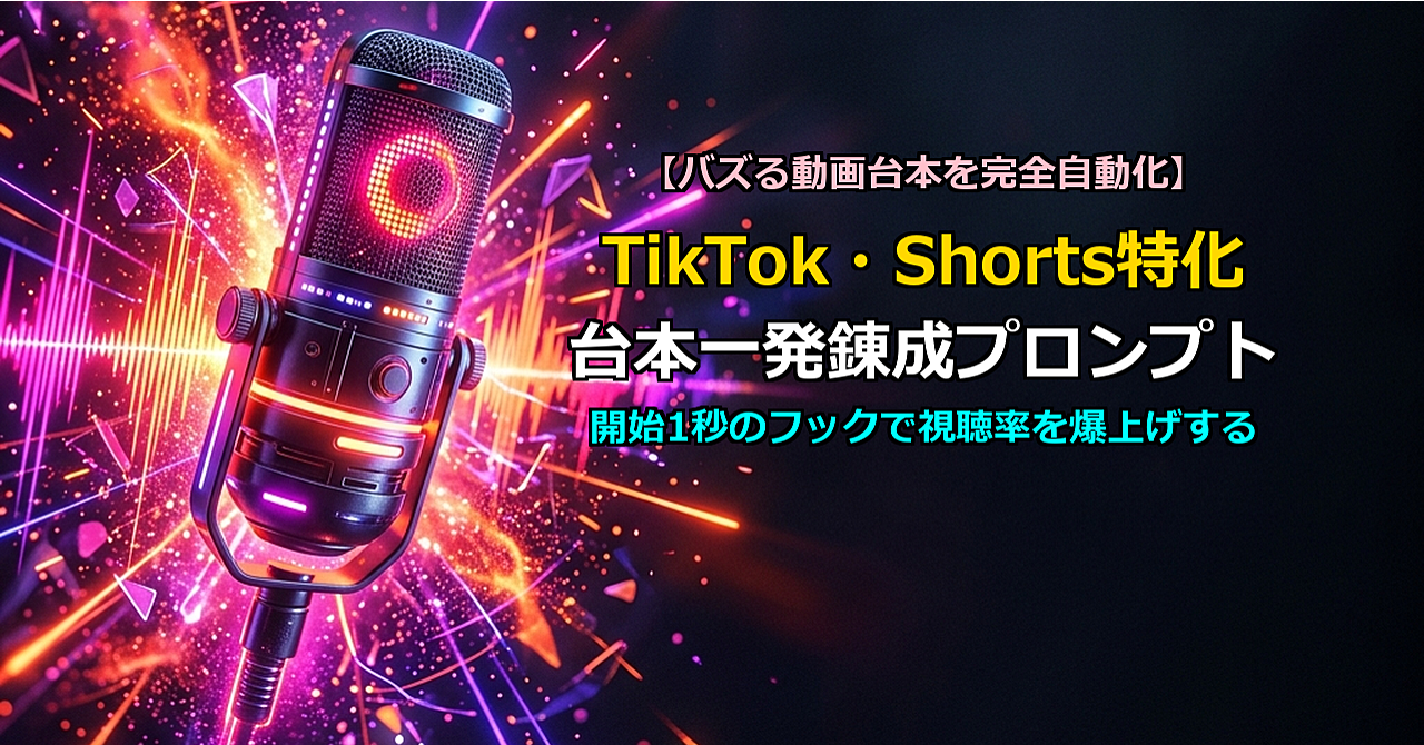 【開始1秒で視聴者を釘付けにする】TikTok・YouTube Shorts特化！「バズる動画台本」をAIに一瞬で錬成させる魔法のプロンプト