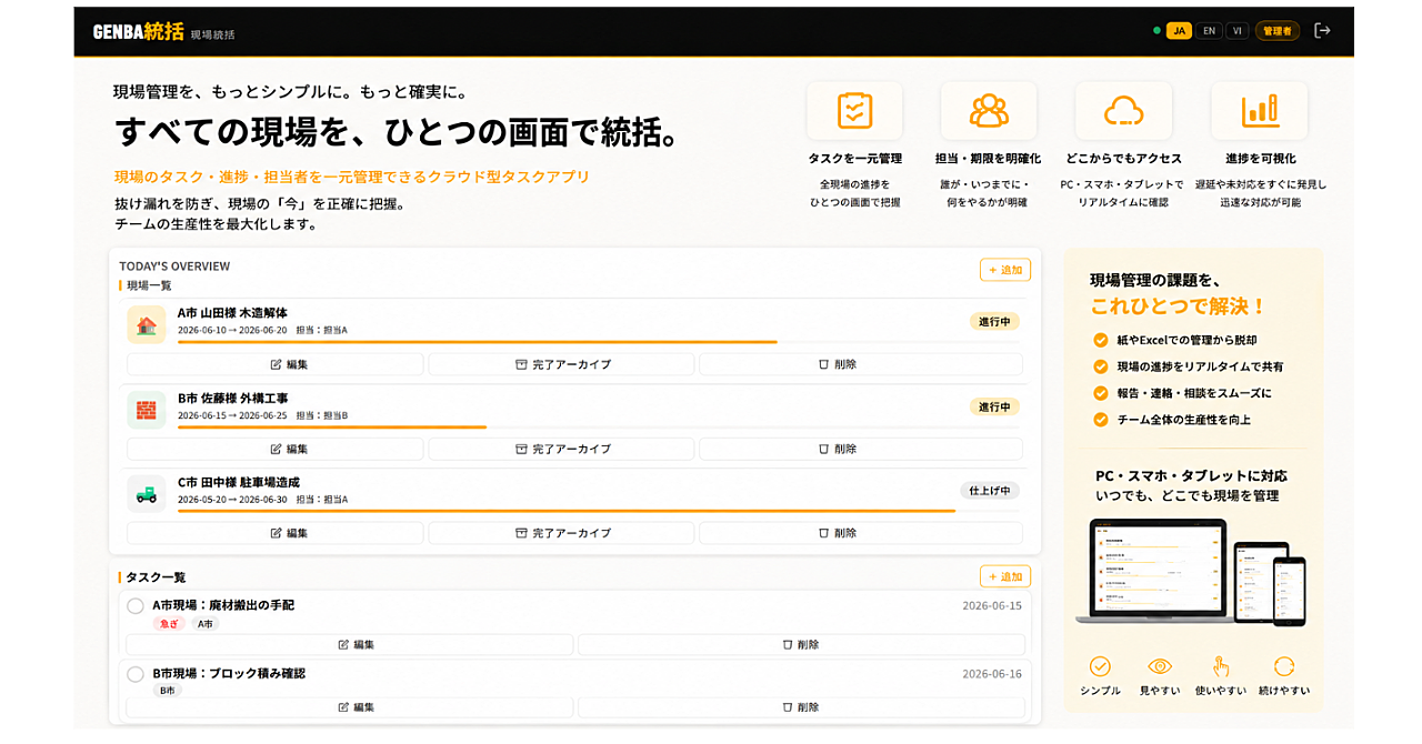 【工事業者向け】現場管理アプリ「現場統括」v3.0｜リアルタイム共有・管理者／作業員の権限分け・多言語対応