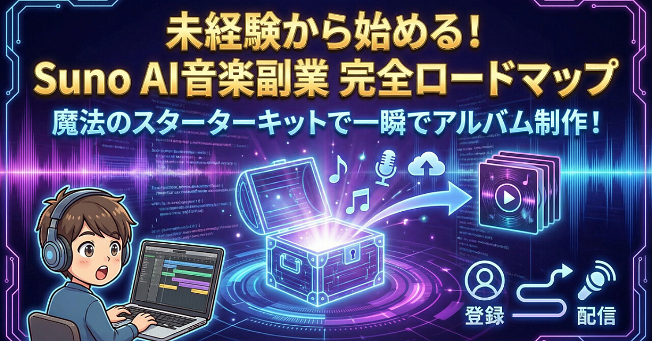 未経験から始める「Suno AI音楽副業」完全ロードマップ。登録から配信、そして「アルバム1枚」を一瞬で作る魔法のスタートキット配布
