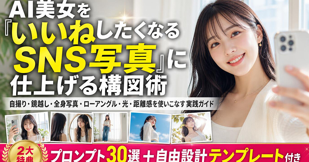 AI美女を「いいねしたくなるSNS写真」に仕上げる構図術
自撮り・鏡越し・全身写真・ローアングル・光・距離感を使いこなす実践ガイド【2大特典プロンプト30選+自由設計テンプレート付き】のアイキャッチ画像