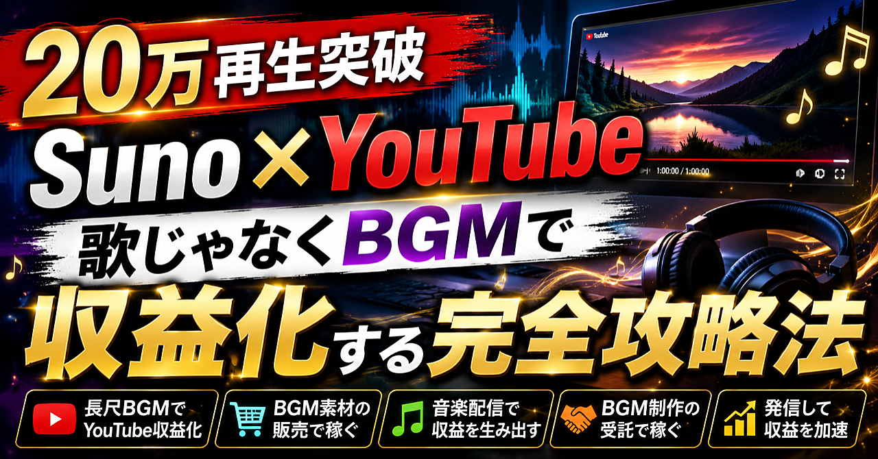 【20万再生突破】Suno×YouTube｜歌じゃなくBGMで収益化する完全攻略法のアイキャッチ画像