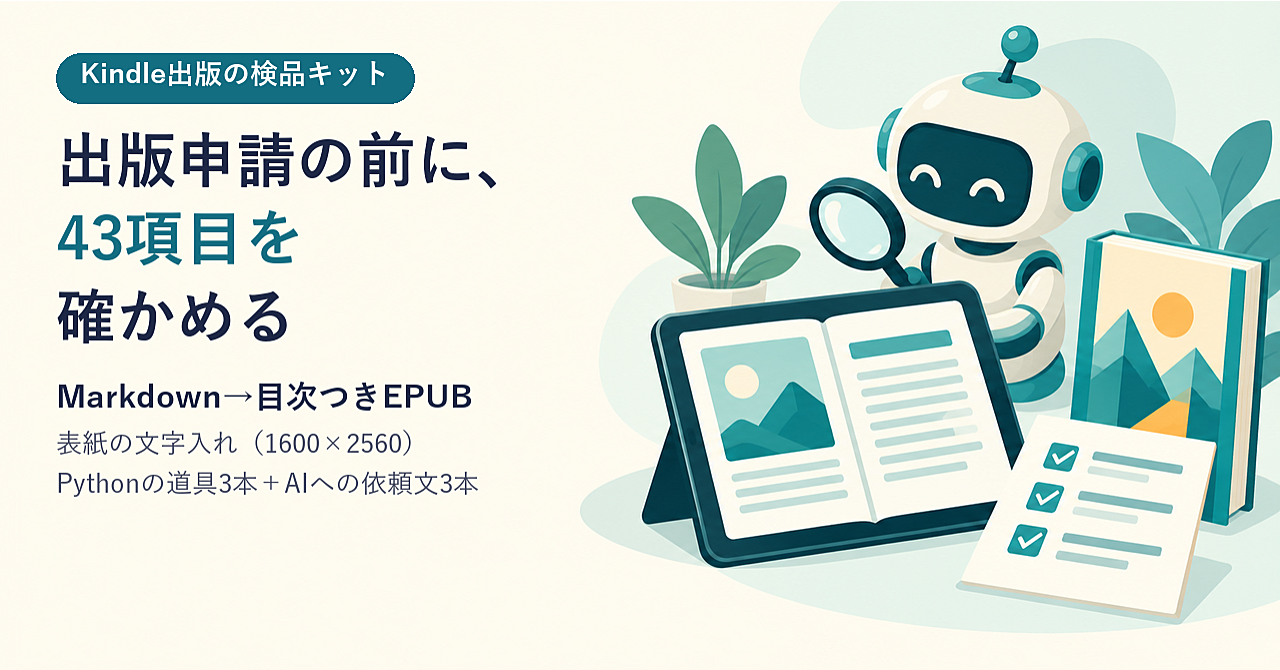 【実測つき】Kindle出版の検品キット|Markdown原稿→目次つきEPUB・表紙の文字入れ・KDP登録前チェックリスト43項目(Pythonの道具3本+AIへの依頼文3本)のアイキャッチ画像