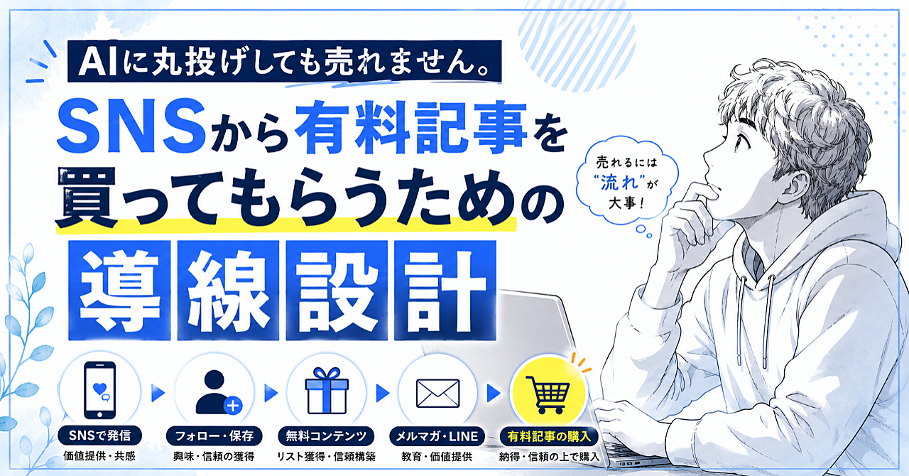 AIに丸投げしても売れません。
SNSから有料記事を買ってもらうための導線設計【豪華購入者特典あり】