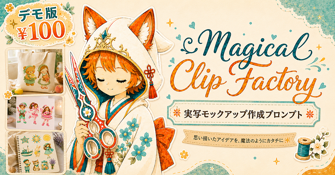 【100円】クリップアート「簡単モックアップ」作成プロンプト+量産ツール「Magical Clip Factory」デモ版(🎁レビュー特典に¥1000off購入リンクあり)のアイキャッチ画像