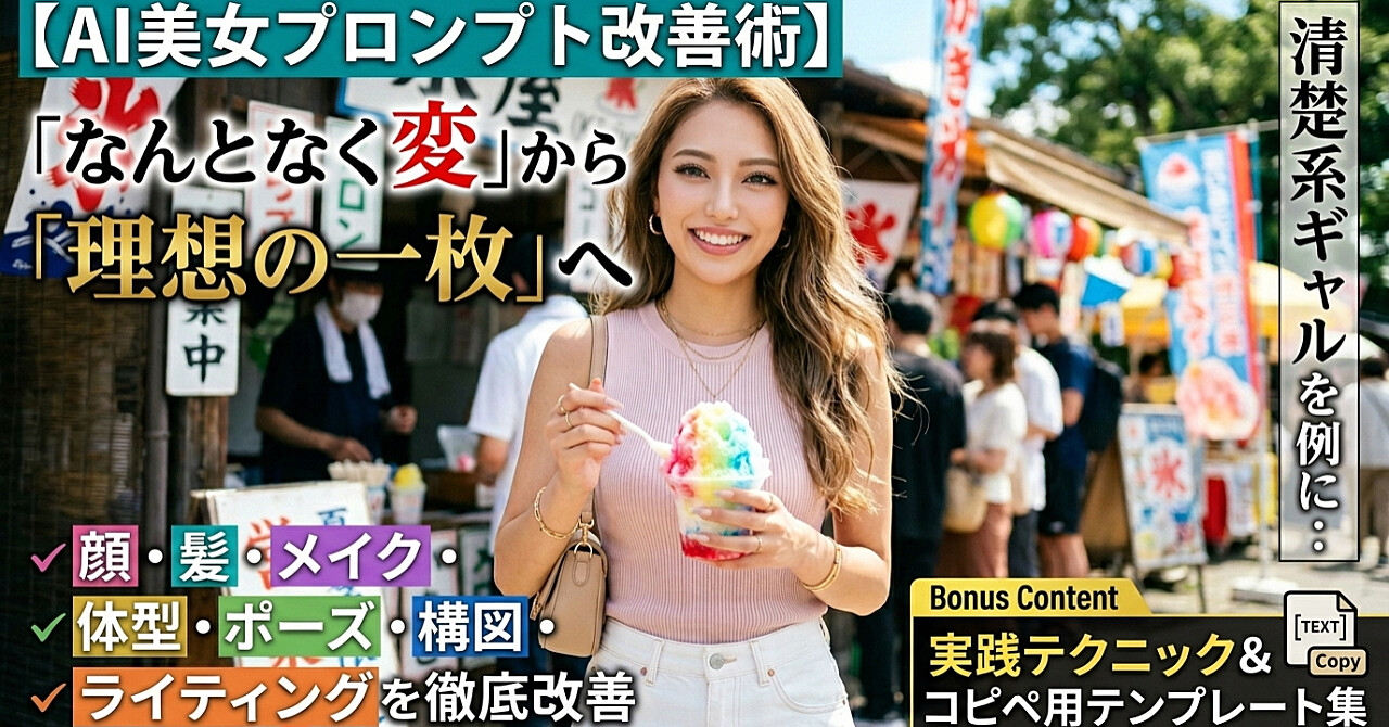 【AI美女プロンプト改善術】「なんか微妙」を「欲しい画像」に変える技術｜清楚系日本人ギャルを例に、顔・髪・メイク・体型・ポーズ・構図・光まで徹底改善 実践テクニック＆コピペテンプレート集のアイキャッチ画像