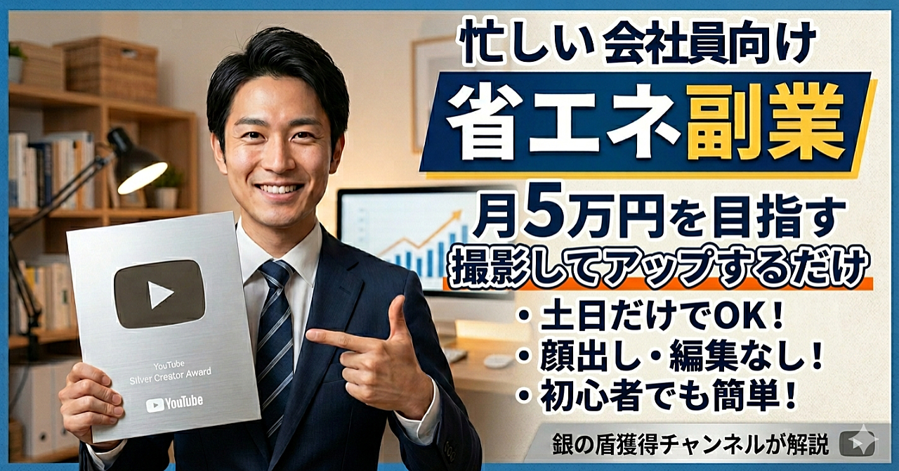 土日休みを使ってYouTubeで省エネ副業。初心者でも登録者を増やし月5～10万円を目指せる。忙しいサラリーマンが編集・顔出し無しで、楽してYouTuber生活を送ることができる方法を教えます。