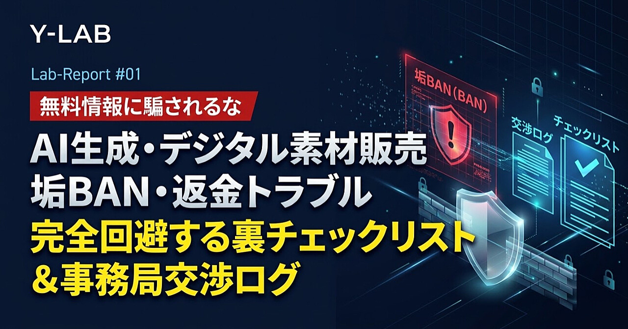 【無料情報に騙されるな】AI生成・デジタル素材販売で垢BAN・返金トラブルを完全回避する裏チェックリスト&事務局交渉ログのアイキャッチ画像