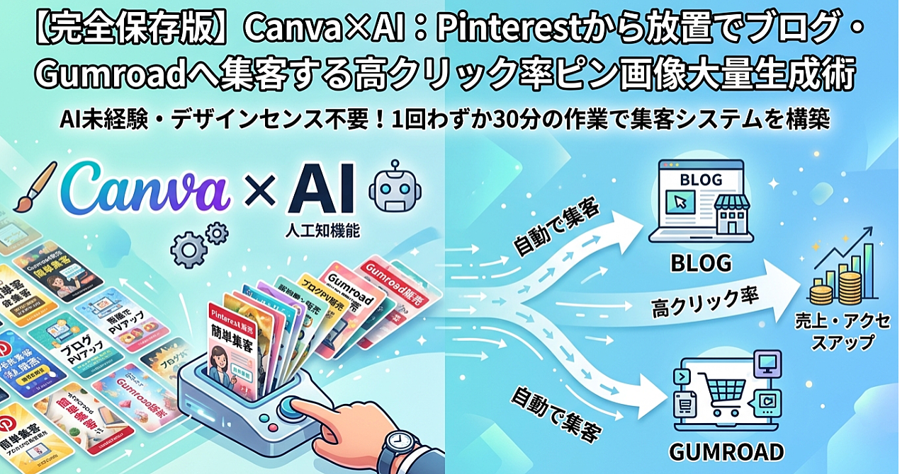 【完全保存版】Canva×AI:Pinterestから放置でブログ・Gumroadへ集客する高クリック率ピン画像大量生成術のアイキャッチ画像