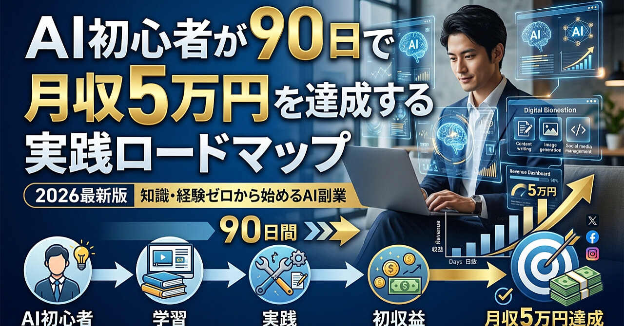 AI初心者が90日で月5万円達成した実践ロードマップ
2026年最新版｜知識ゼロ・実績ゼロから始めるAI副業完全ガイド