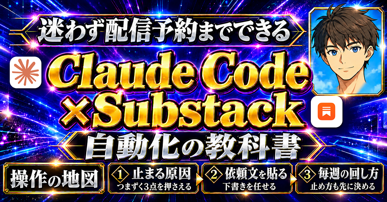Substackで毎週配信したい発信者のための【Claude Code×Substack自動化の教科書】 | 執筆から配信予約までの自動化完全ロードマップのアイキャッチ画像