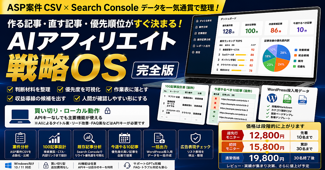 ASP案件CSV×Search Consoleから「作る記事・直す記事」を作業表にする｜AIアフィリエイト戦略OS【買い切り・ローカル動作】