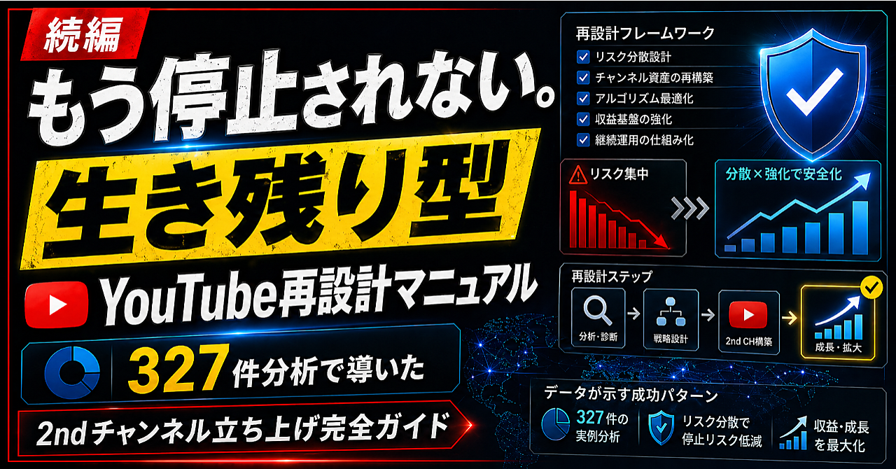 【続編】もう停止されない。327件分析で導いた収益化停止『生き残り型』YouTubeチャンネル再設計マニュアル｜2ndチャンネル立ち上げ完全ガイド