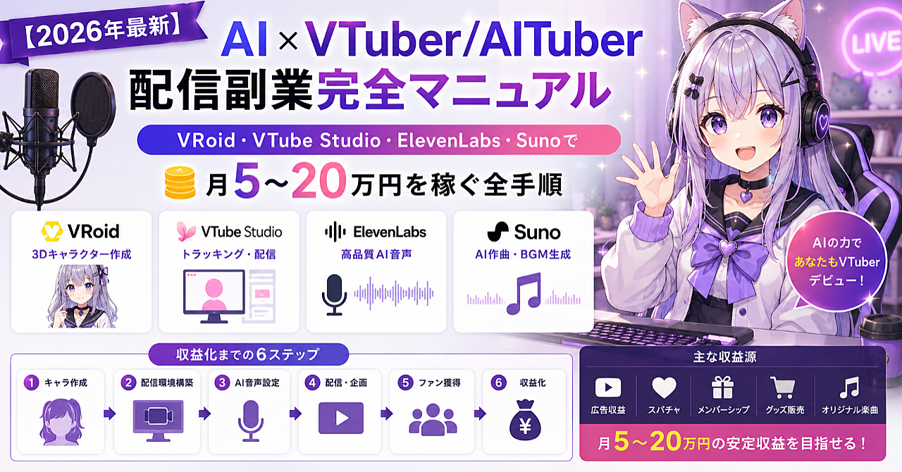 【2026年最新】AI×VTuber/AITuber配信副業完全マニュアル｜VRoid・VTube Studio・ElevenLabs・Sunoで月5〜20万円を稼ぐ全手順