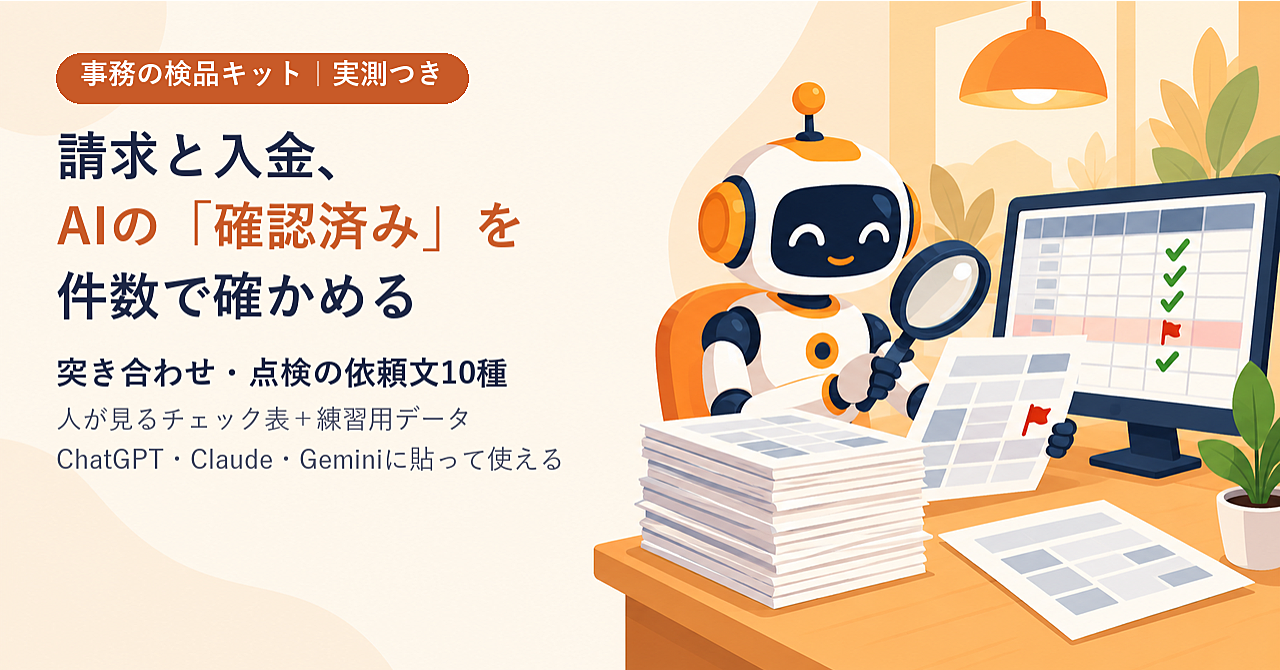 【実測つき】請求と入金・発注と納品・名簿・経費の突き合わせをAIに任せる「検品キット」|依頼文10種+人が見るチェック表(ChatGPT・Claude・Gemini/Claude Code)のアイキャッチ画像