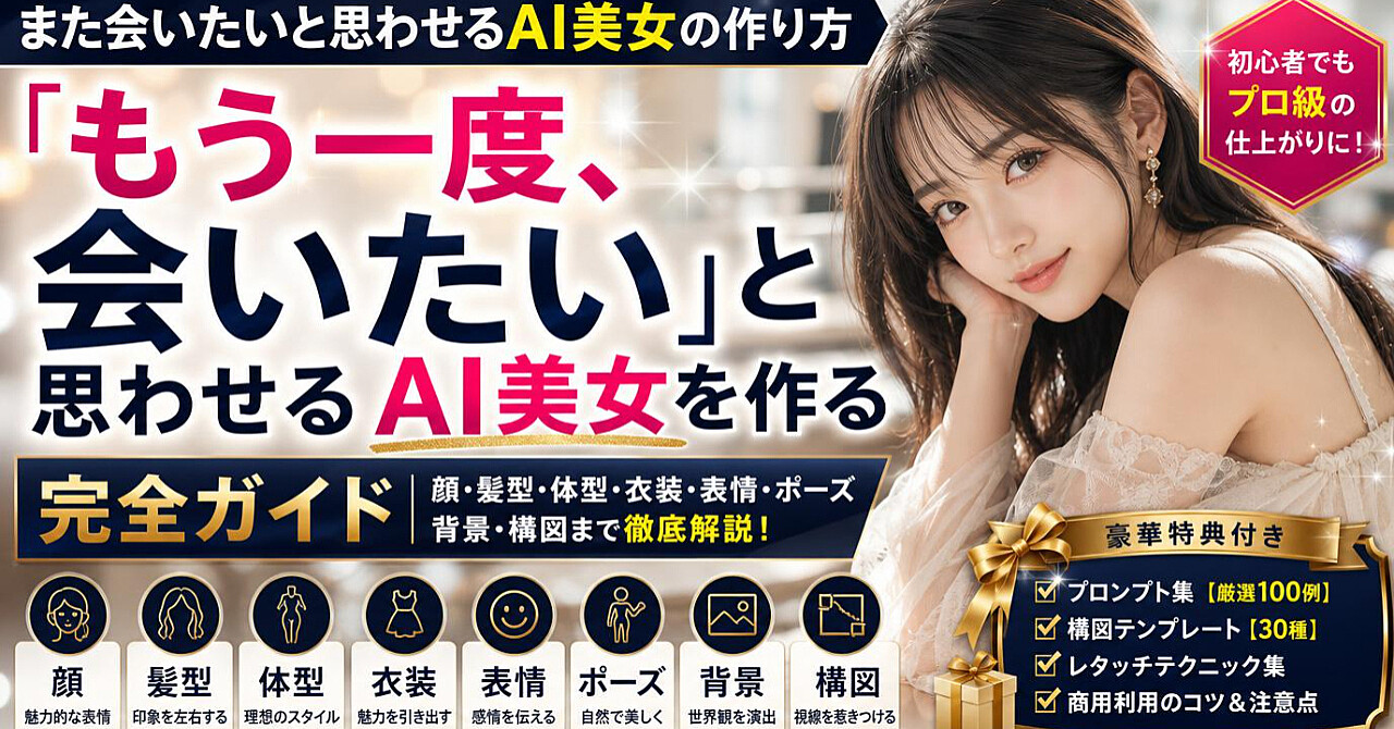 「また見たい」が生まれるAI美女の作り方|顔・髪型・体型・衣装・表情・ポーズ・背景・構図を組み合わせるAI美女制作完全ガイド【豪華特典付き】のアイキャッチ画像