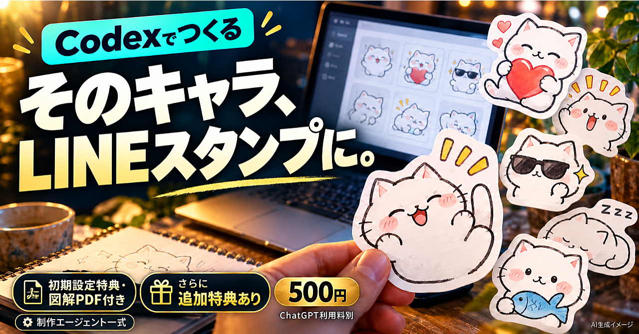 【500円・制作ツール一式】Codexで自分だけのLINEスタンプを作る|初期設定エージェント・漫画PDF付きのアイキャッチ画像