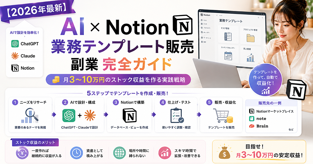 【2026年最新】AI×Notion業務テンプレート販売副業完全ガイド｜ChatGPT・Claudeで設計し、月3〜10万円のストック収益を作る実践戦略