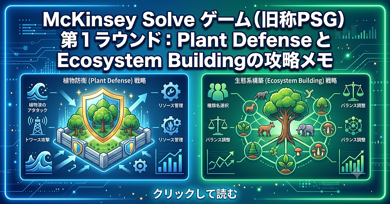 McKinsey Solve ゲーム（旧称PSG）第1ラウンド：Plant Defense と Ecosystem Buildingの攻略メモ（特典：解説スライド）