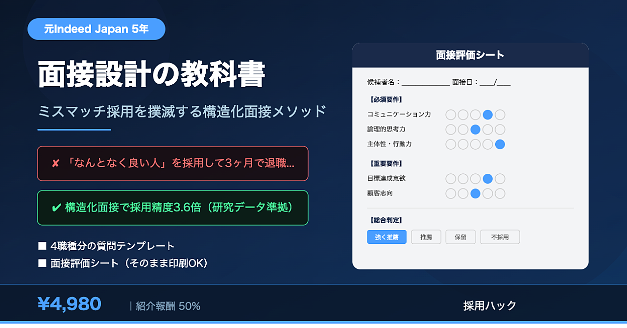 【面接の「なんとなく」を排除】「面接設計の教科書」｜構造化面接×評価シート×質問集で採用精度3倍