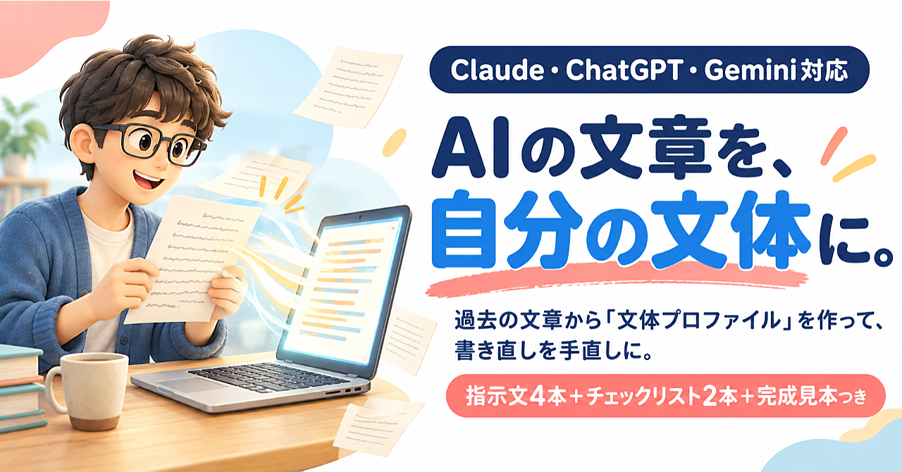AIの文章を、自分の文体に。過去の投稿から「文体プロファイル」を作る教科書【指示文4本+チェックリスト2本】のアイキャッチ画像