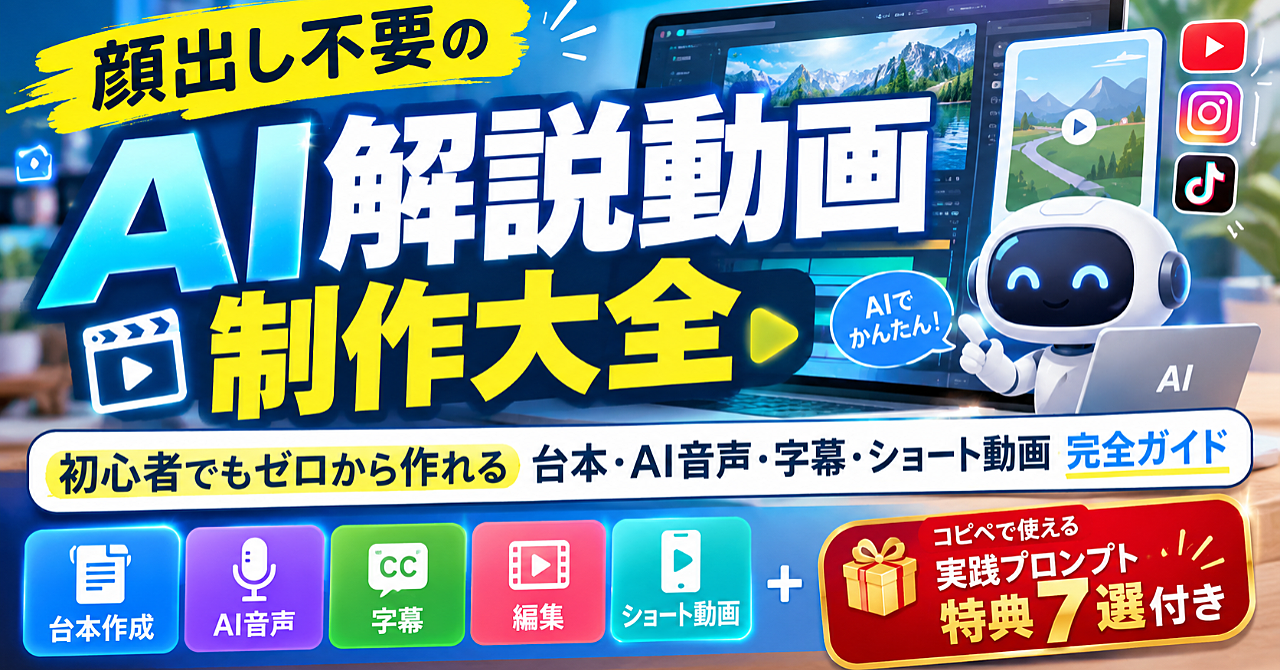 顔出し不要のAI解説動画制作大全|初心者でもゼロから作れる台本・AI音声・字幕・ショート動画完全ガイド【コピペで使える実践プロンプト特典7選付き】のアイキャッチ画像