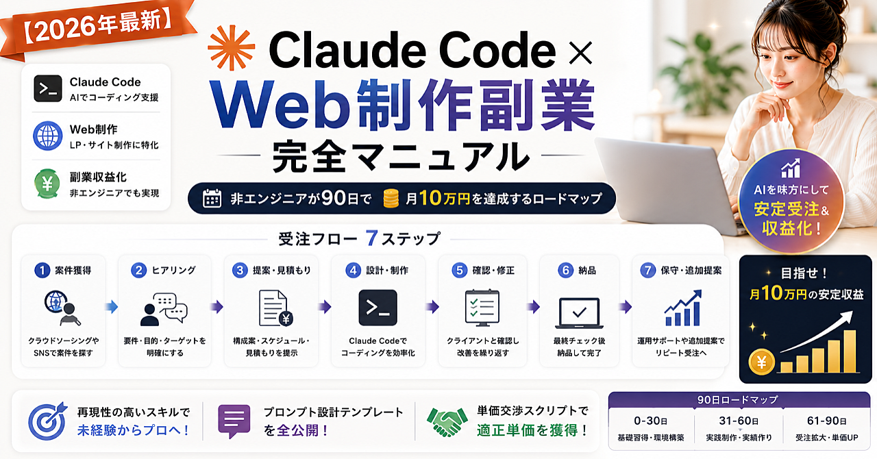 【2026年最新】Claude Code×Web制作副業完全マニュアル｜非エンジニアが90日で月10万円を達成する受注フロー・プロンプト設計・単価交渉スクリプト全公開