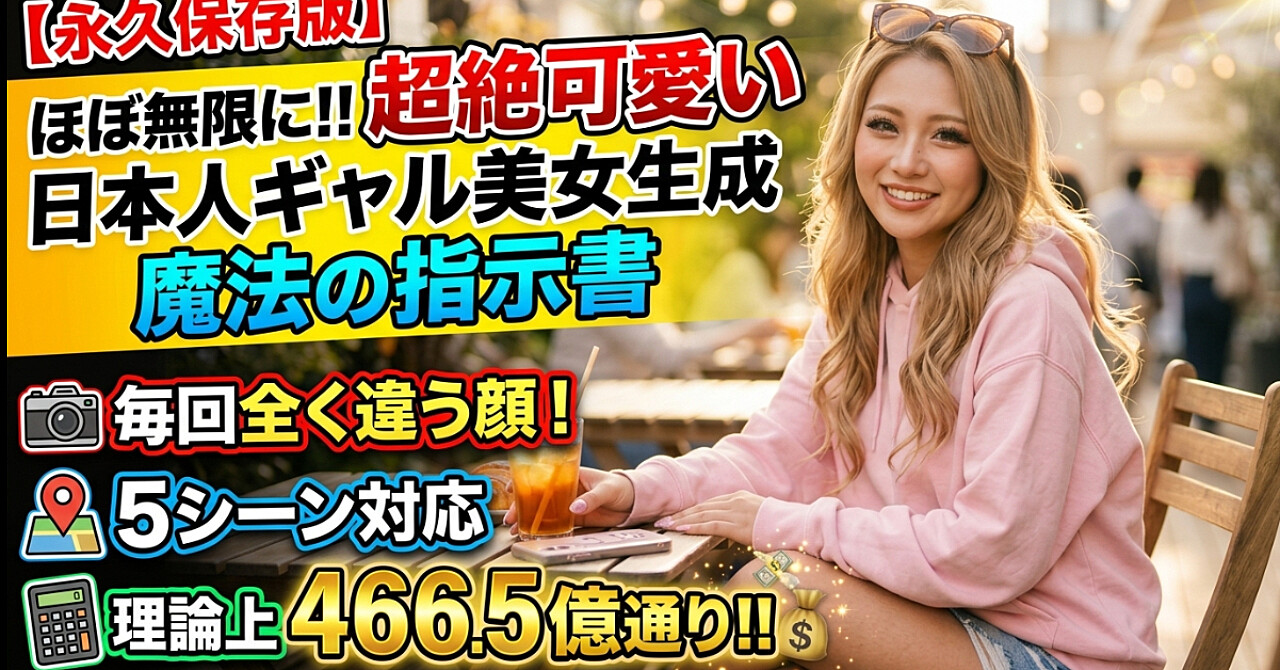 【永久保存版】毎回別人レベルで変わる！可愛い日本人ギャル美女をほぼ無限生成できる魔法の指示文｜5シーン対応・理論上4,665億通り