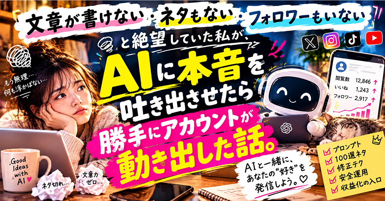 【AIバレゼロ】文章が書けない・ネタもない・フォロワーもいないと絶望していたフォロワー23人の弱小垢が、AIで勝手にアカウントが動き出した話のアイキャッチ画像